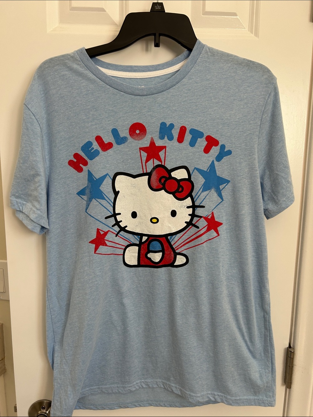 Hello Kitty Adult Light Blue Tee with Red & Blue Star Graphic